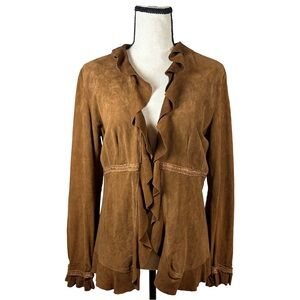 Express Genuine Leather Ruffle Jacket | Brown Suede Boho Western Cardigan